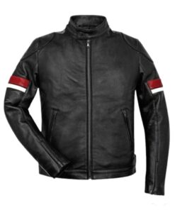 Men’s Black Cafe Racer Red and White Striped Leather Jacket
