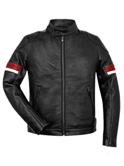 Men’s Black Cafe Racer Red and White Striped Leather Jacket